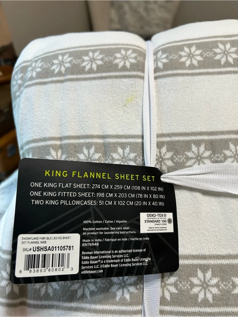 Eddie Bauer King Flannel Sheet Set - Gray & White Snowflake Stripe NWT